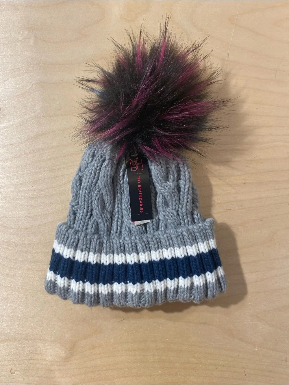 No Boundaries Gray Knit Beanie with Pink and Black Faux Fur Pom (SE)